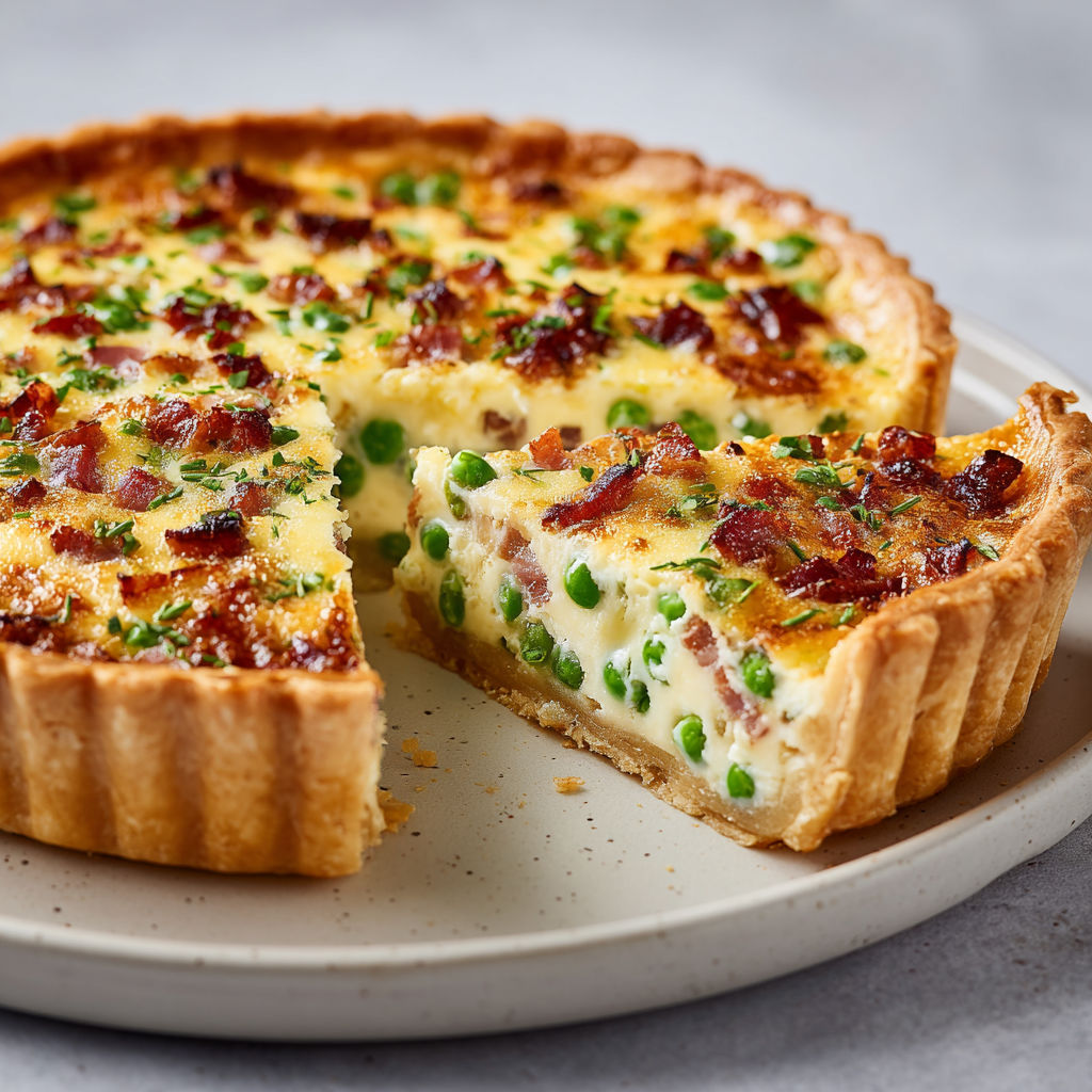 Tarte maison bien crémeuse aux petits pois et lard doré, saveur muscade.