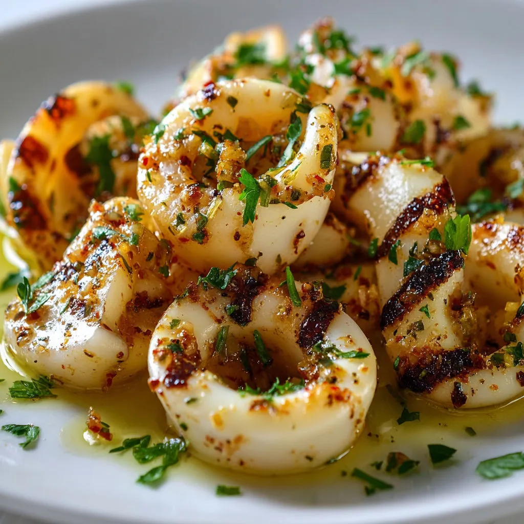 Une assiette de calamars grillés garnis de citron et d'ail.
