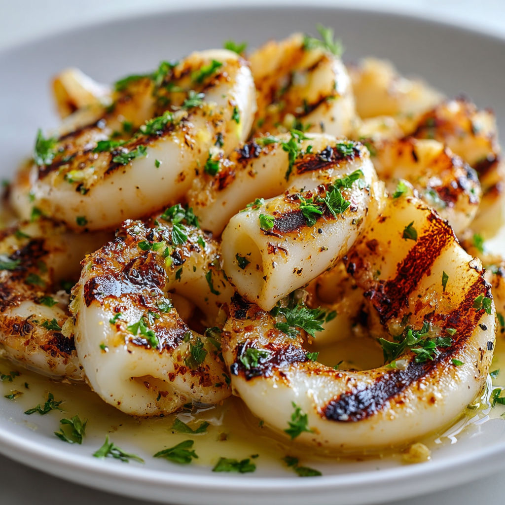 Calamars dorés avec ail et citron, cuits au grill, effet crousti-fondant garanti.