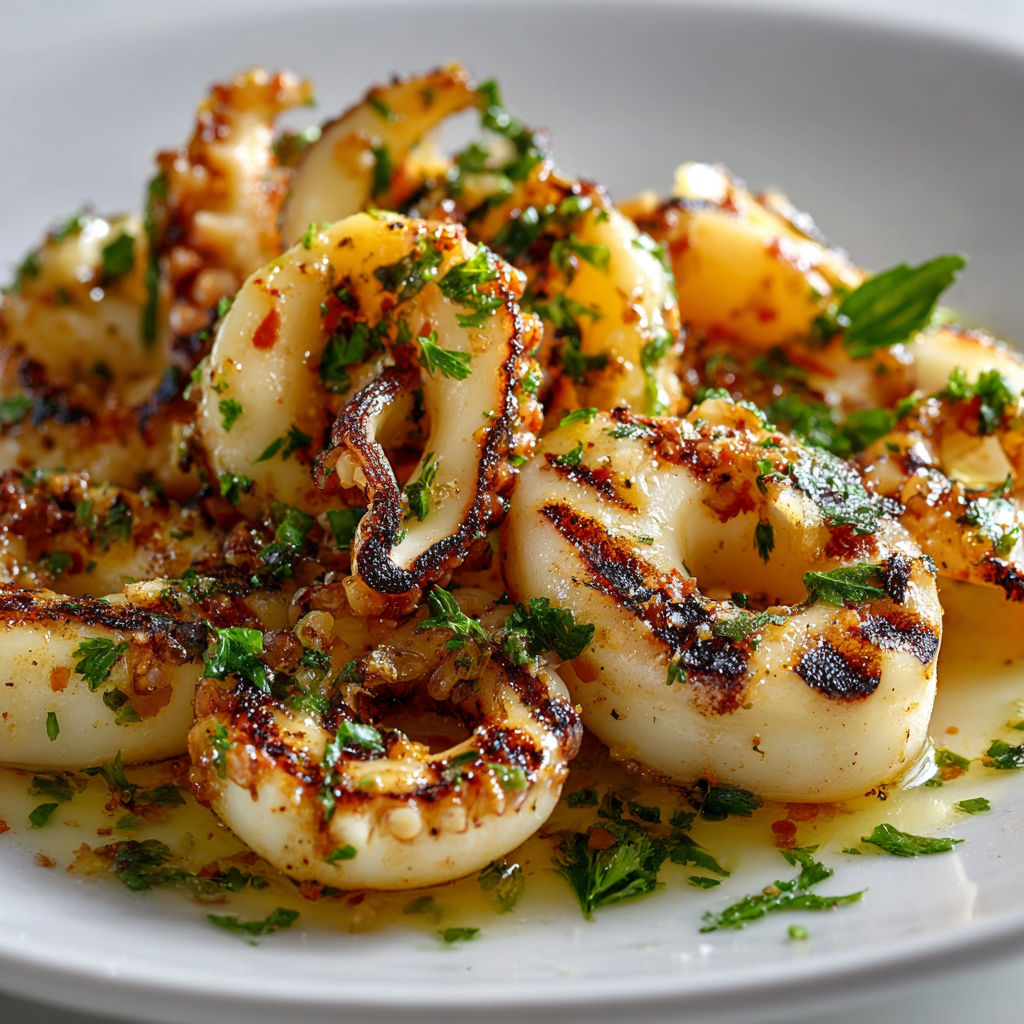 Calamars saisis à la poêle-grill, twist ail, citron et paprika, persil frais pour finir.