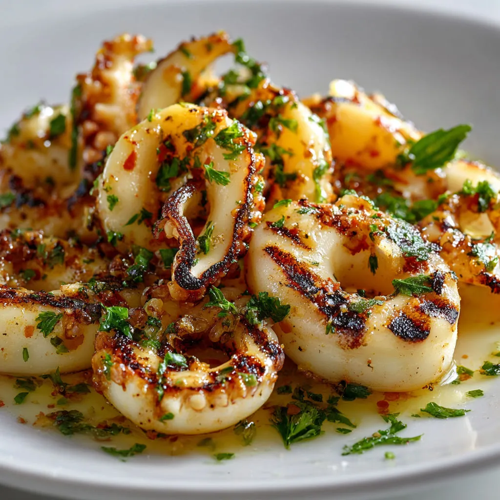 Calamars saisis à la poêle-grill, twist ail, citron et paprika, persil frais pour finir.