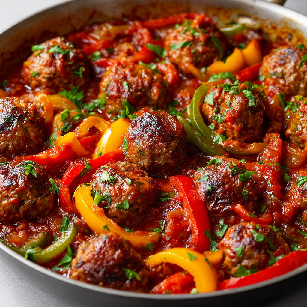 Des boulettes tendres baignées dans une sauce aux poivrons colorés, un plat familial délicieux.