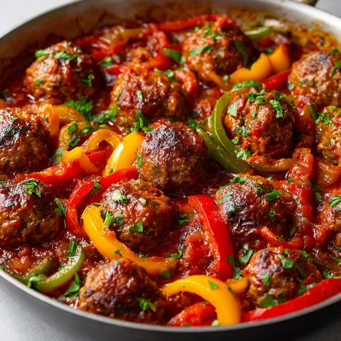 Des boulettes tendres baignées dans une sauce aux poivrons colorés, un plat familial délicieux.