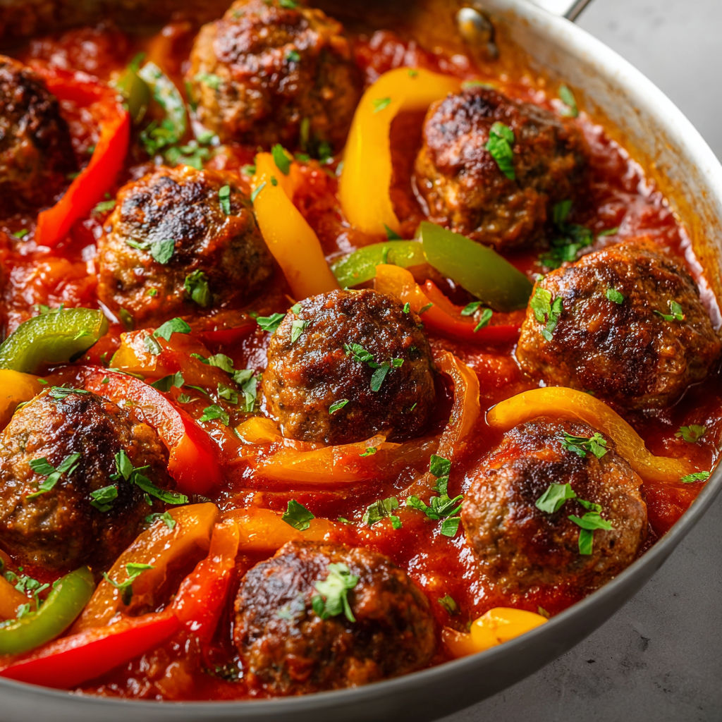 Petites boulettes bien dorées dans une sauce aux poivrons colorés et touche de paprika fumé.