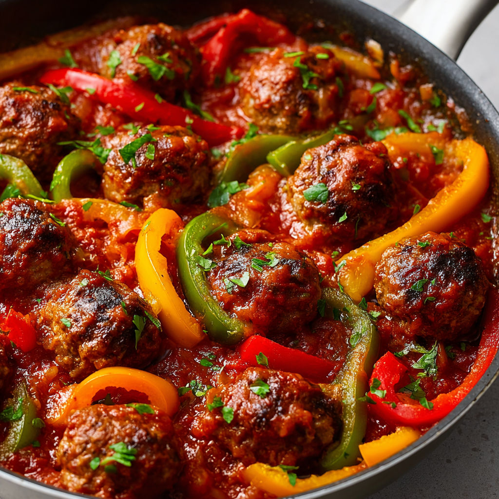 Boulettes moelleuses dans une sauce tomate, trois poivrons et herbes fraîches, relevées au vinaigre balsamique.