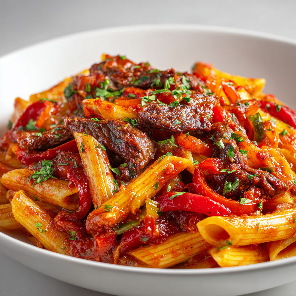Plat de pâtes délicieuses avec steak et poivrons sur une table blanche.