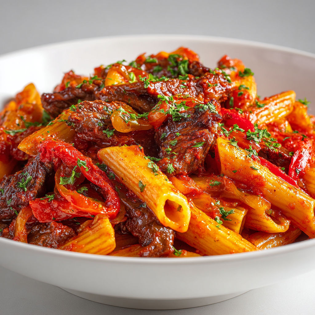 Pâtes au bœuf et poivrons sautés, sauce soja, paprika et légumes grillés dans une assiette très appétissante.