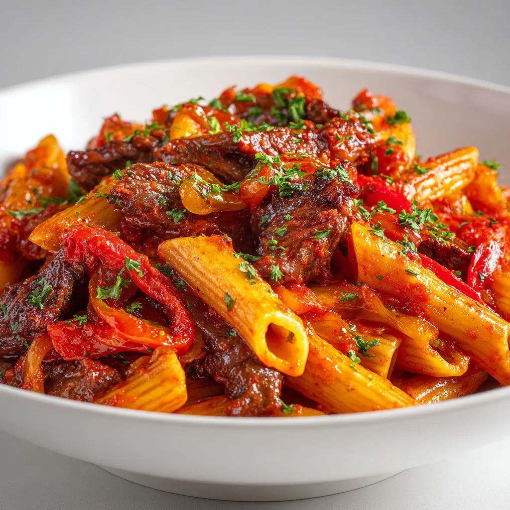 Pâtes au bœuf et poivrons sautés, sauce soja, paprika et légumes grillés dans une assiette très appétissante.