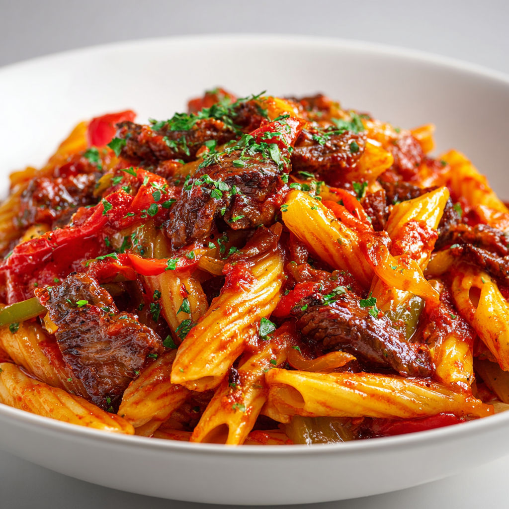 Wok de pâtes, bœuf et poivrons colorés sautés, bien dorés et parfumés à l’ail et sauce soja.