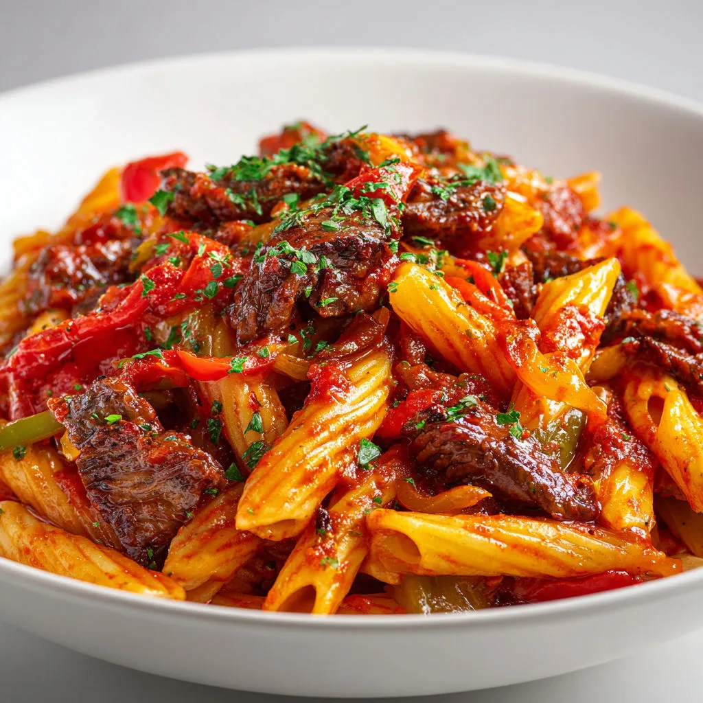 Wok de pâtes, bœuf et poivrons colorés sautés, bien dorés et parfumés à l’ail et sauce soja.