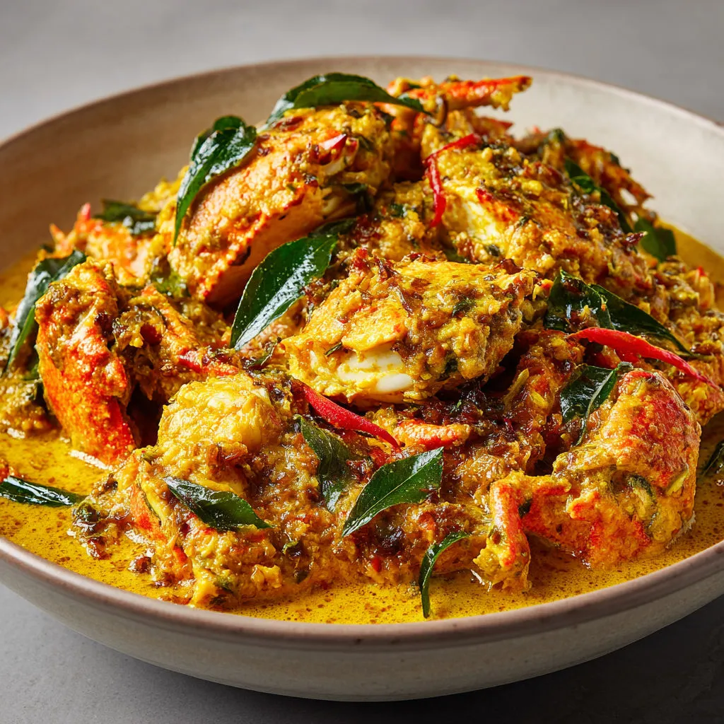Crabe mijoté dans une crème coco épicée, relevé de gingembre, piments et feuilles de curry, explosion de parfums garantie