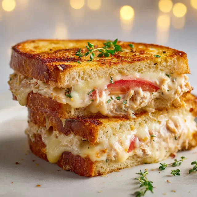 Toast doré garni de thon et fromage fondant.