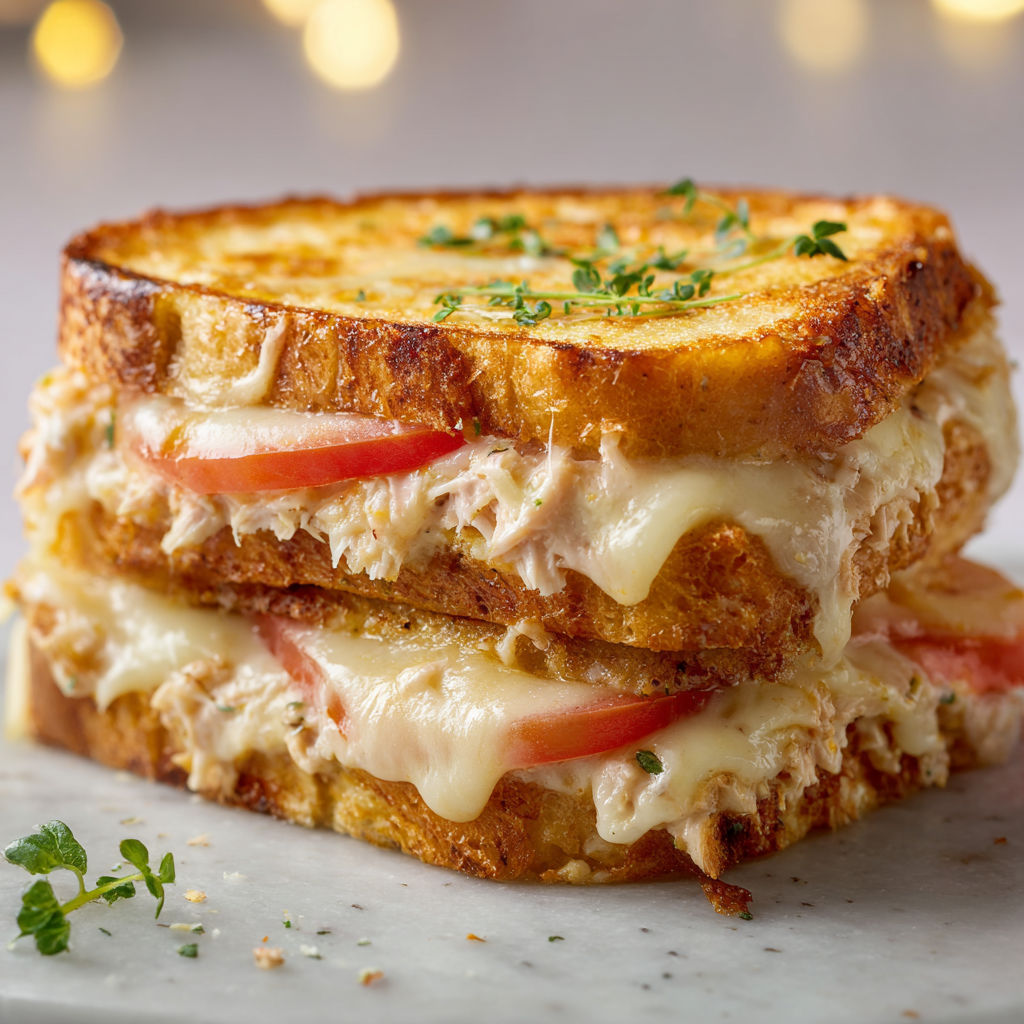 Croque thon et Vache qui rit tout croustillant dehors, super fondant à l’intérieur avec tomate et fromage gratiné.