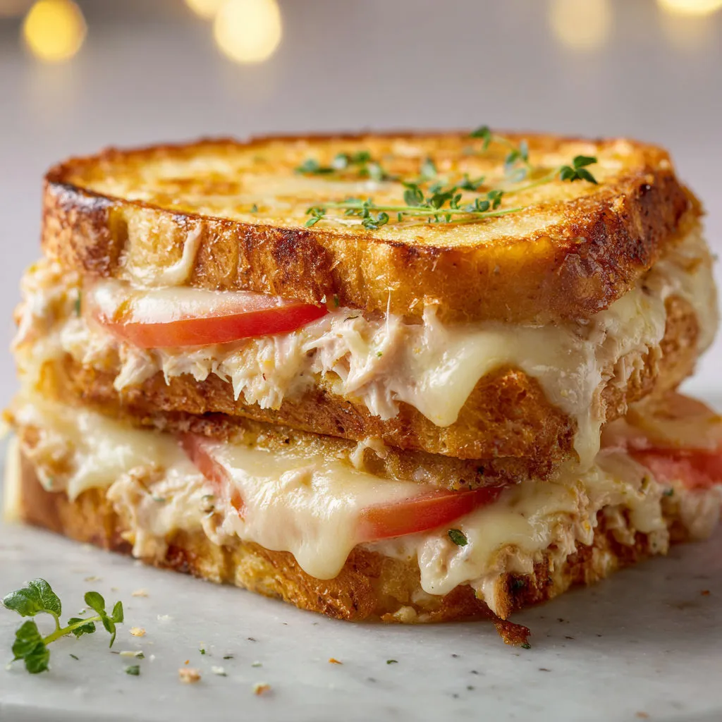 Croque thon et Vache qui rit tout croustillant dehors, super fondant à l’intérieur avec tomate et fromage gratiné.