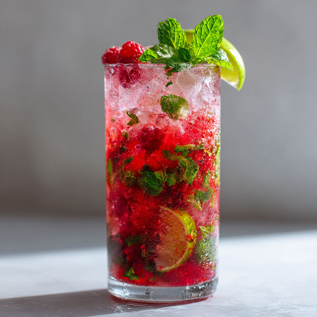 Un délicieux mojito framboise prêt à être dégusté.