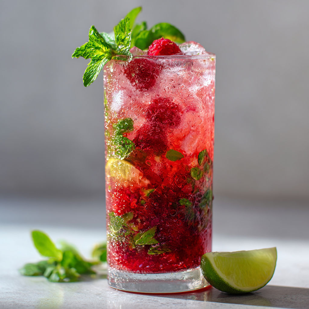 Mojito framboise prêt en 5 minutes dans un joli verre.