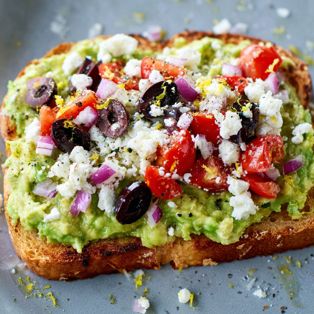 Toast gourmand avec avocat, feta, tomates et olives.
