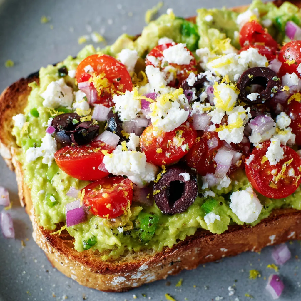 Tartine d’avocat gourmande avec feta, olives noires et légumes frais.