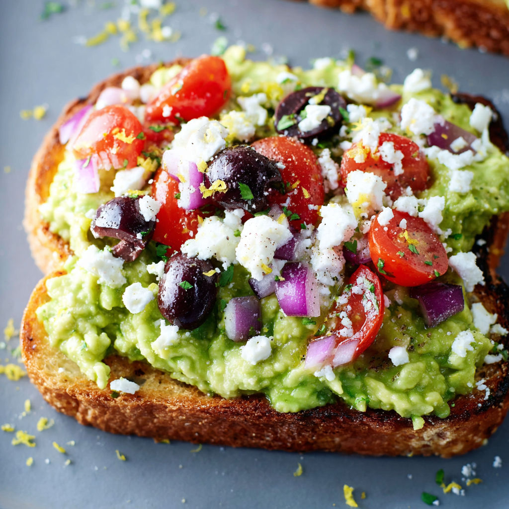 Toast d’avocat méditerranéen au citron, oignon rouge, tomates et feta frais.