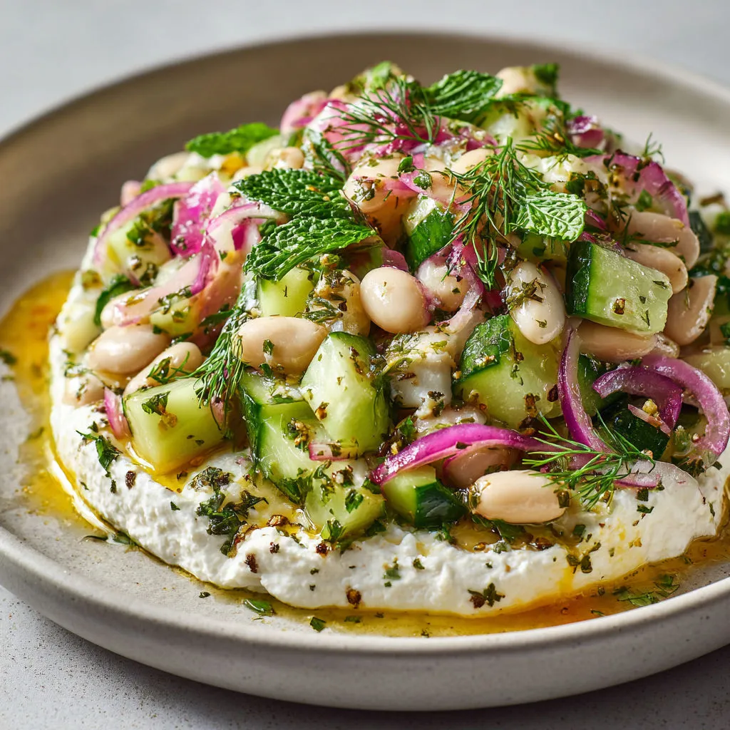 Un mélange frais avec concombres, haricots et feta, présenté sur un plat argenté.