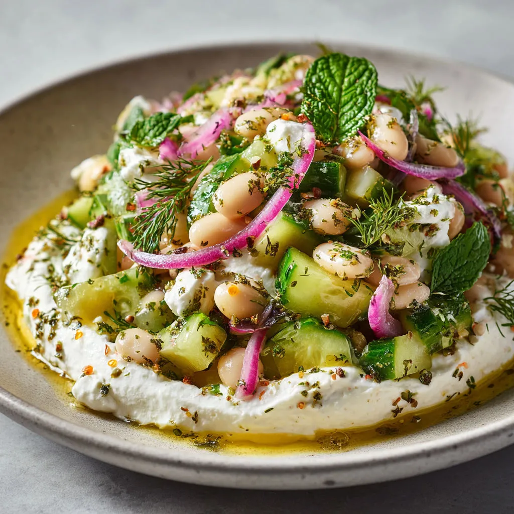 Concombres frais, haricots blancs et feta, plein d’herbes, servis sur une crème super onctueuse.