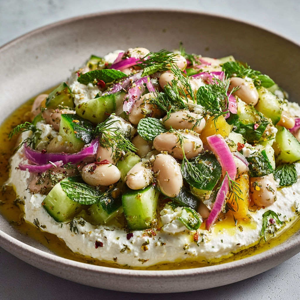 Salade d’été super croquante aux concombres et haricots blancs, sur crème de feta et sauce au zaatar.