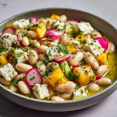 Un bol rempli de haricots borlotti, feta, mangue et radis colorés mélangés.