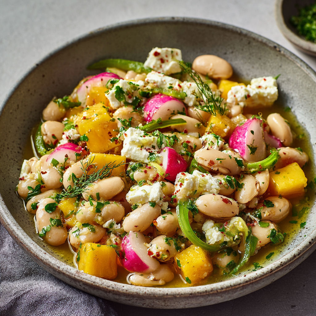 Salade borlotti, feta et mangue, jolie et fraîche, plein de couleurs et de saveur sucrée-salée.