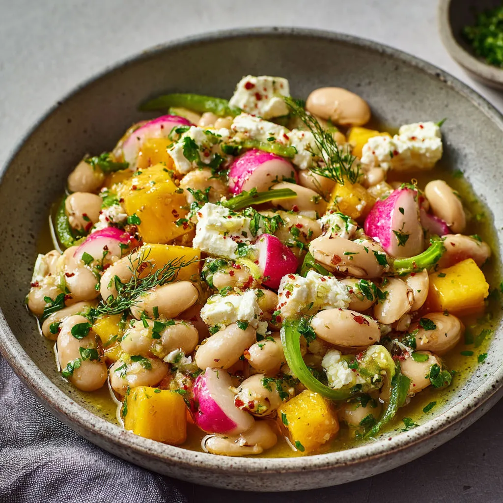 Salade borlotti, feta et mangue, jolie et fraîche, plein de couleurs et de saveur sucrée-salée.