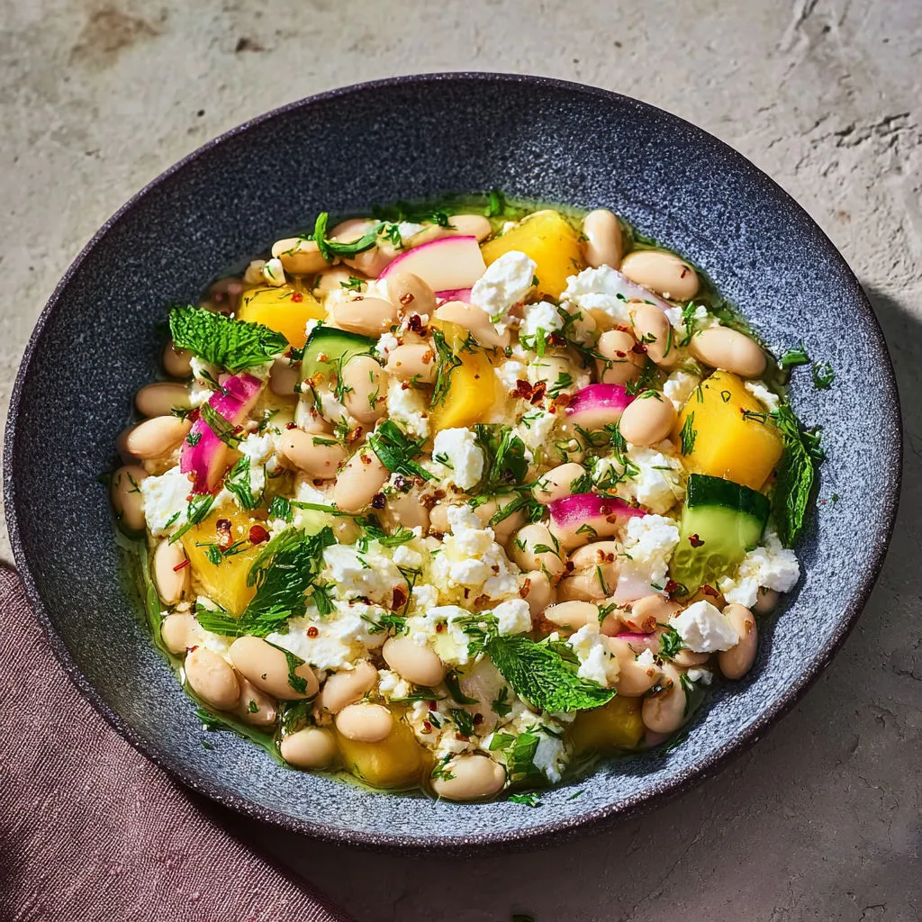 Salade d’été ultra fraîche, borlotti moelleux, mangue juteuse, feta et pointe de citron et d’huile d’olive.