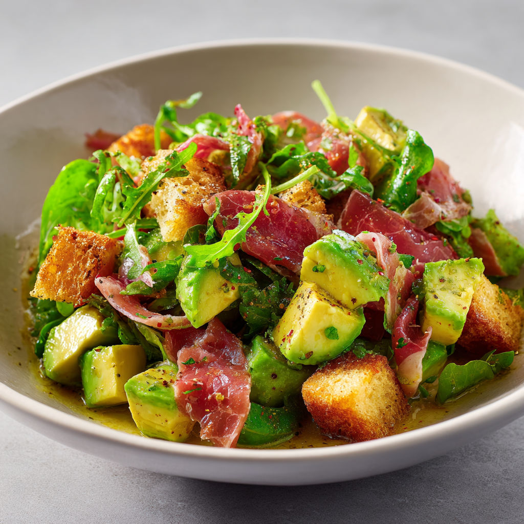 Salade avocat, jambon cru, croûtons dorés et touche de citron pour un plat hyper frais et gourmand.