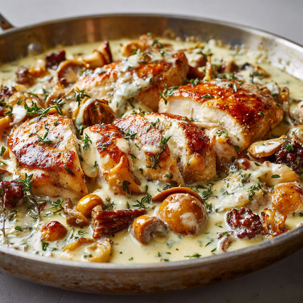 Un délicieux mélange de poulet avec girolles et chanterelles dans un bol sombre.