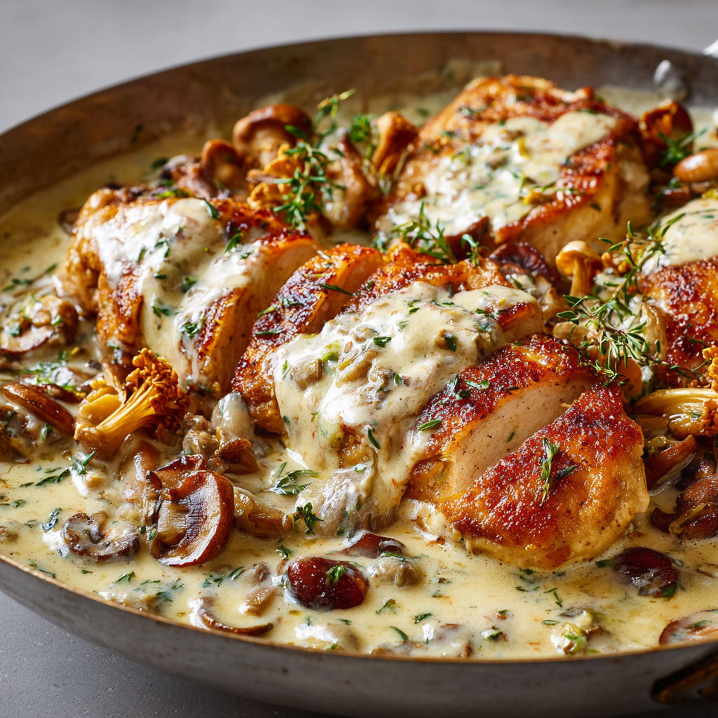 Poulet moelleux aux champignons sauvages et sauce parmesan ultra gourmande.