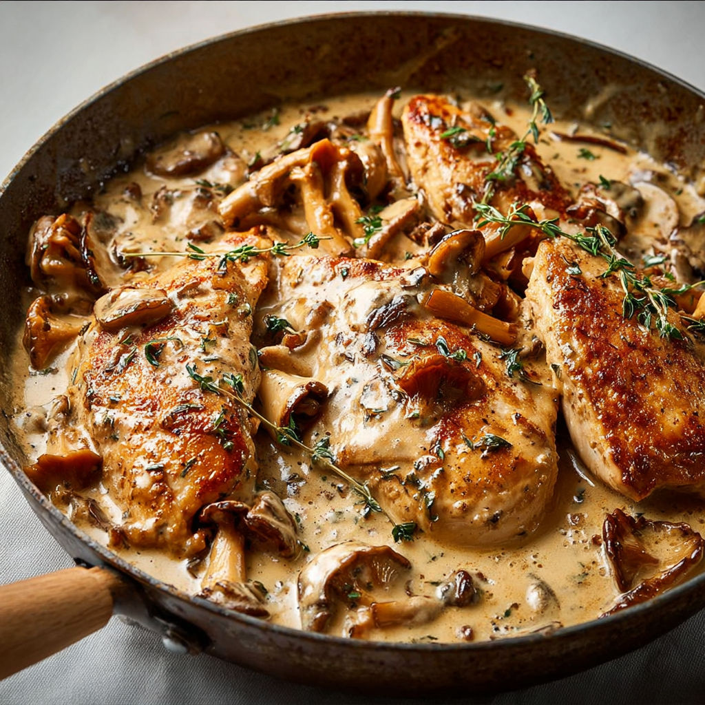Blancs de poulet tout tendres et champignons nappés de sauce crémeuse au parmesan.