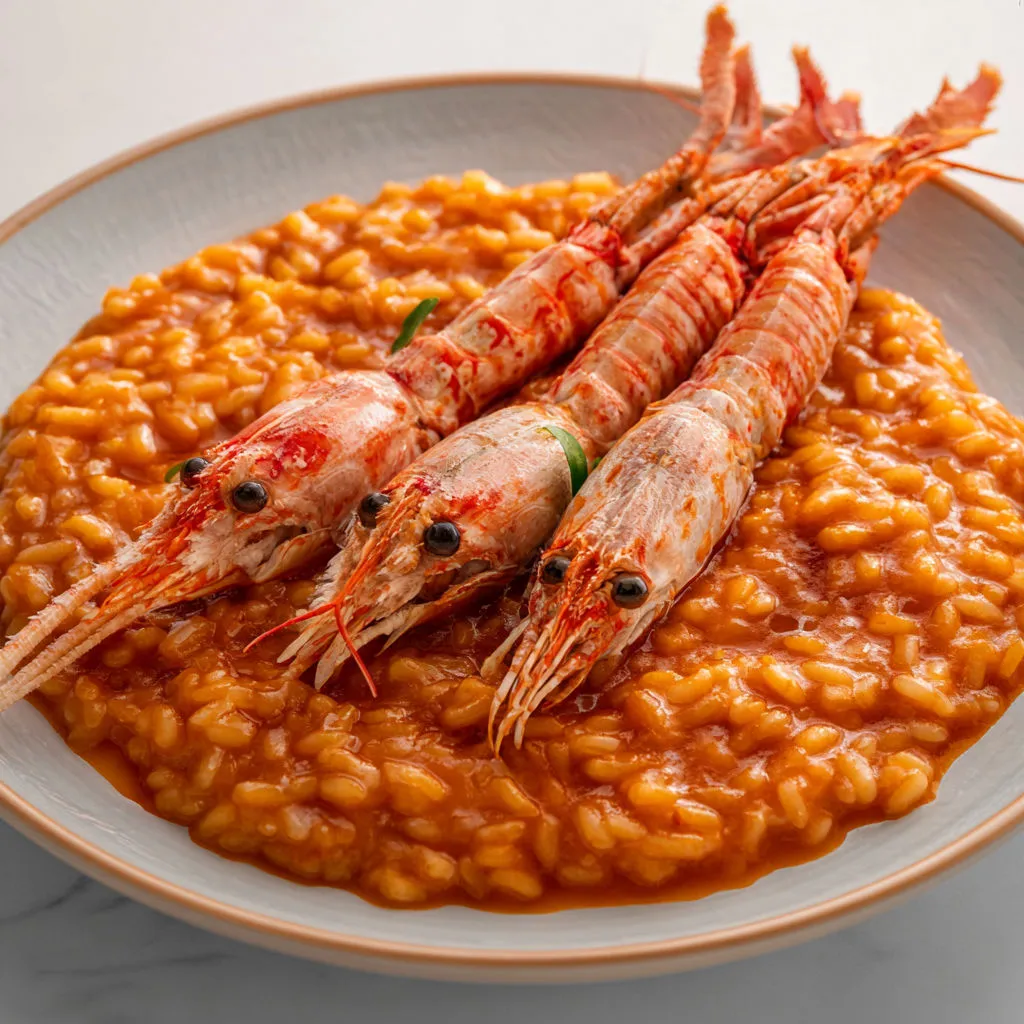 Un risotto aux langoustines, décoré avec des herbes fraîches, prêt à être dégusté.