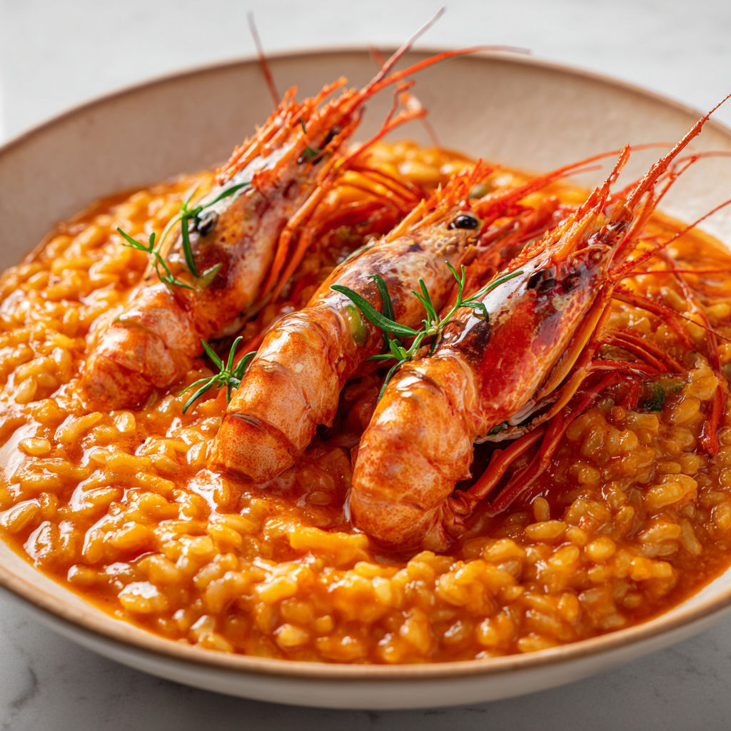 Risotto onctueux aux langoustines, riz crémeux avec sa pulpe de tomate et parmesan, idéal pour se régaler en bonne compagnie.