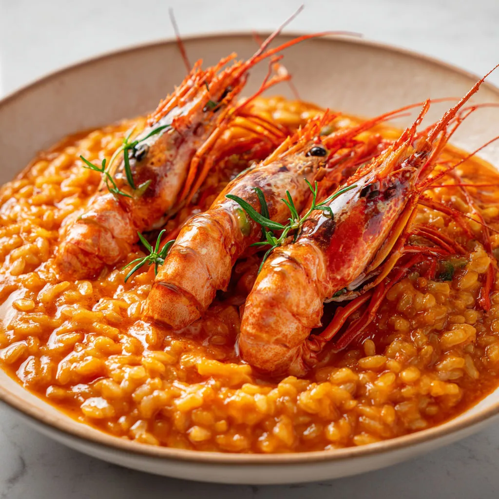 Risotto onctueux aux langoustines, riz crémeux avec sa pulpe de tomate et parmesan, idéal pour se régaler en bonne compagnie.