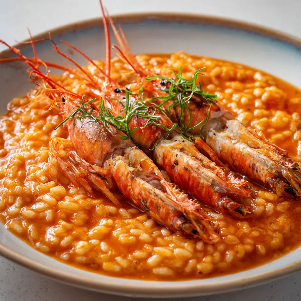 Risotto moelleux aux langoustines poêlées, vin blanc et bouillon, texture fondante et arômes subtils de la mer.