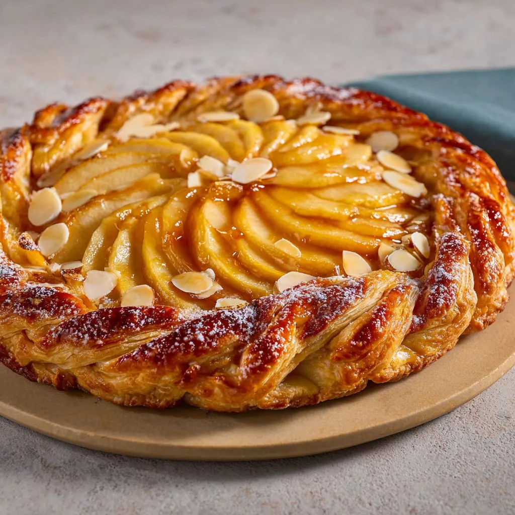 Tarte aux pommes façon maison avec pâte tressée brillante à l’abricot et amandes.