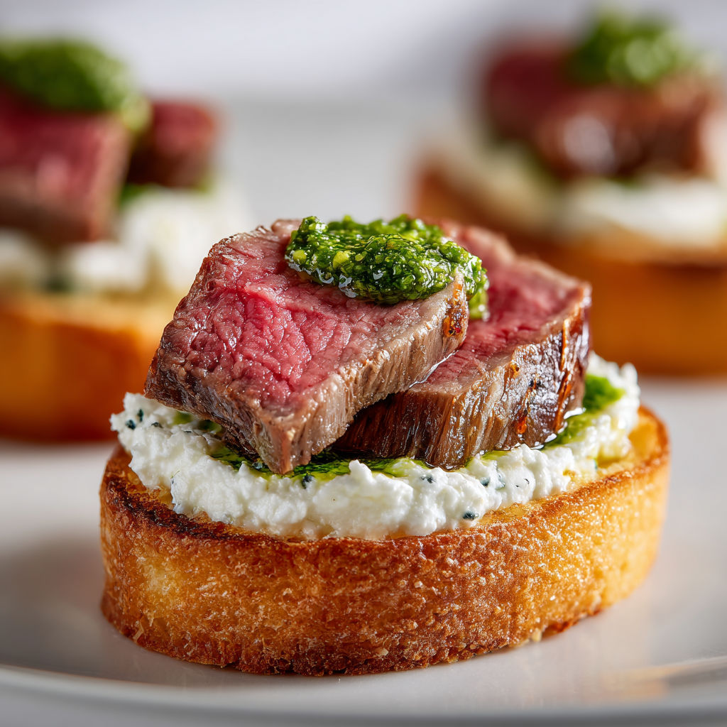 Pain grillé garni de bœuf tendre, chèvre et pesto frais.