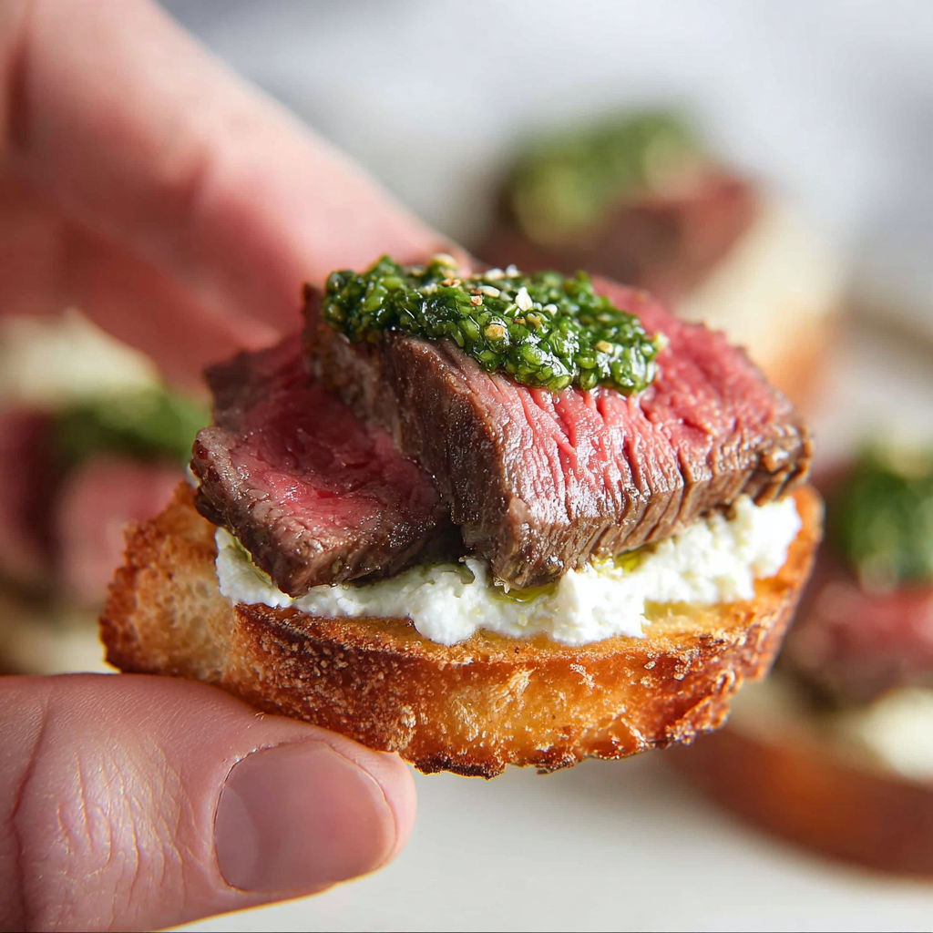 Petite tartine façon crostini avec filet de bœuf, crème de chèvre légère et pointe de pesto.
