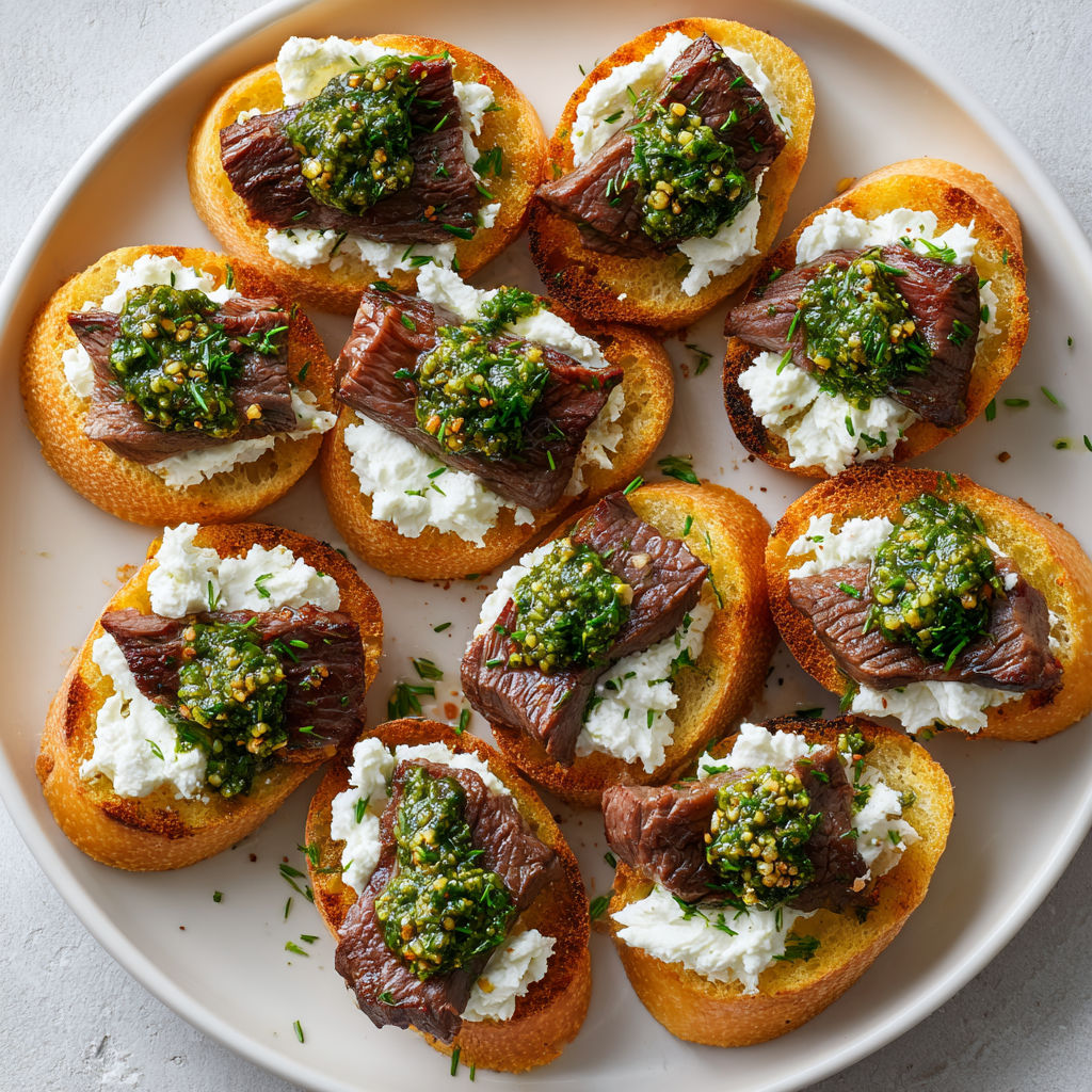 Tartine croustillante au bœuf snacké, mousse de chèvre légère et nuage de pesto parfumé.