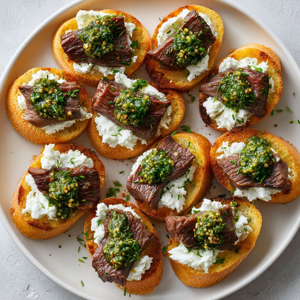 Tartine croustillante au bœuf snacké, mousse de chèvre légère et nuage de pesto parfumé.