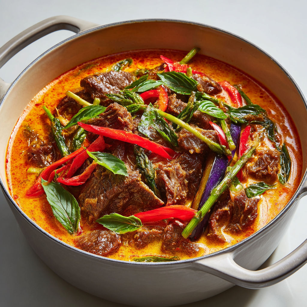 Bol de boeuf au cari rouge avec légumes verts et épices.