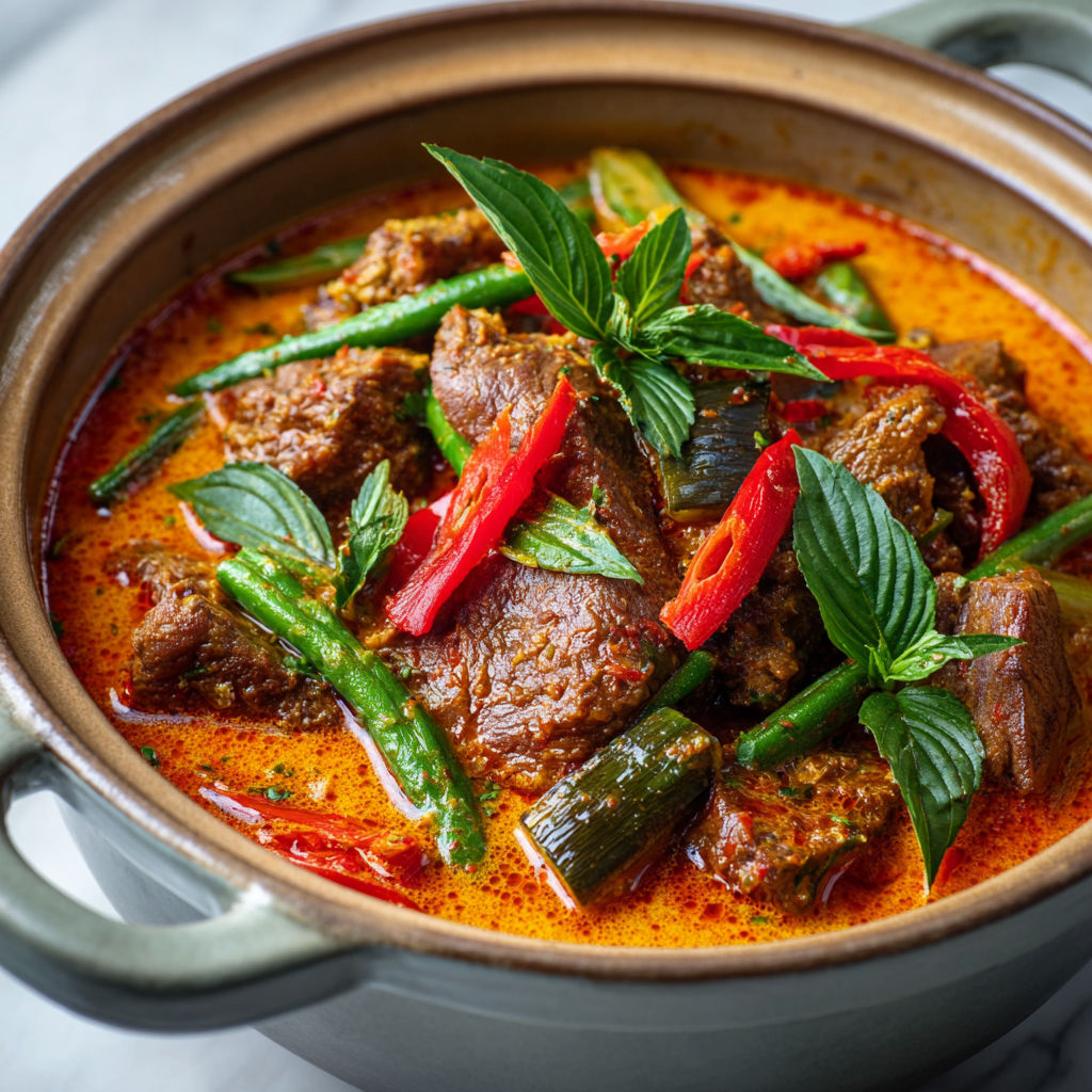 Un boeuf braisé au curry rouge, bien moelleux, dans une sauce coco épicée.