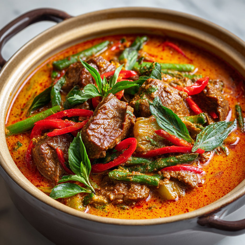Un plat de boeuf tendre et parfumé aux accents thaï, servi avec légumes et herbes fraîches.