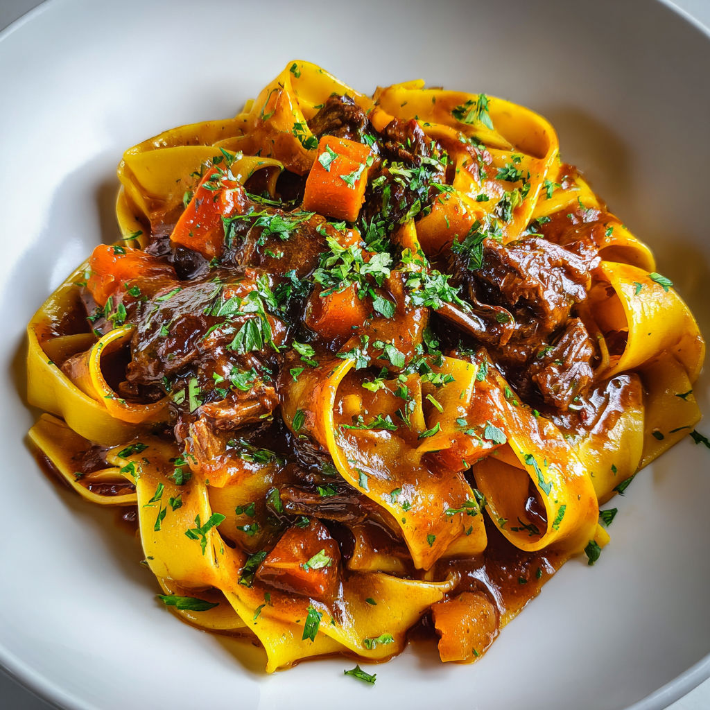 Un plat de pâtes avec bœuf braisé et courge fondante, présenté sur une belle table.