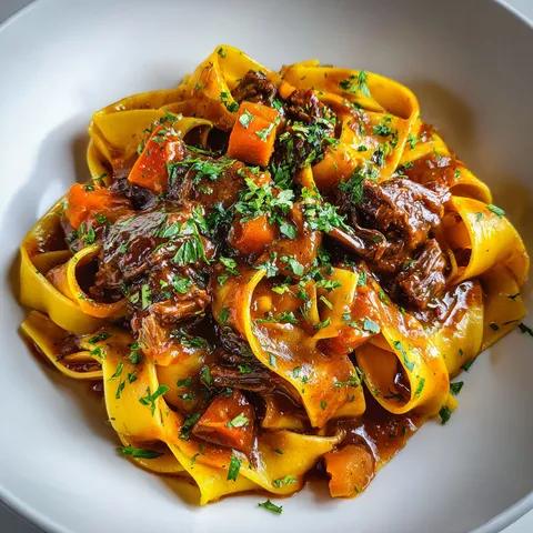 Un plat de pâtes avec bœuf braisé et courge fondante, présenté sur une belle table.