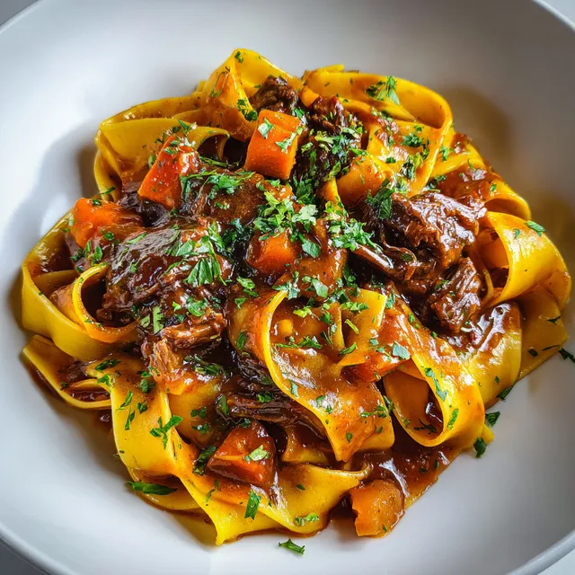 Un plat de pâtes avec bœuf braisé et courge fondante, présenté sur une belle table.