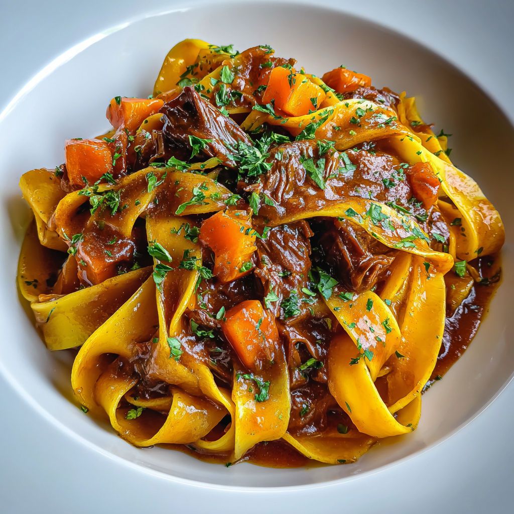 Assiette de pappardelles au bœuf fondant et courge sur un plateau.